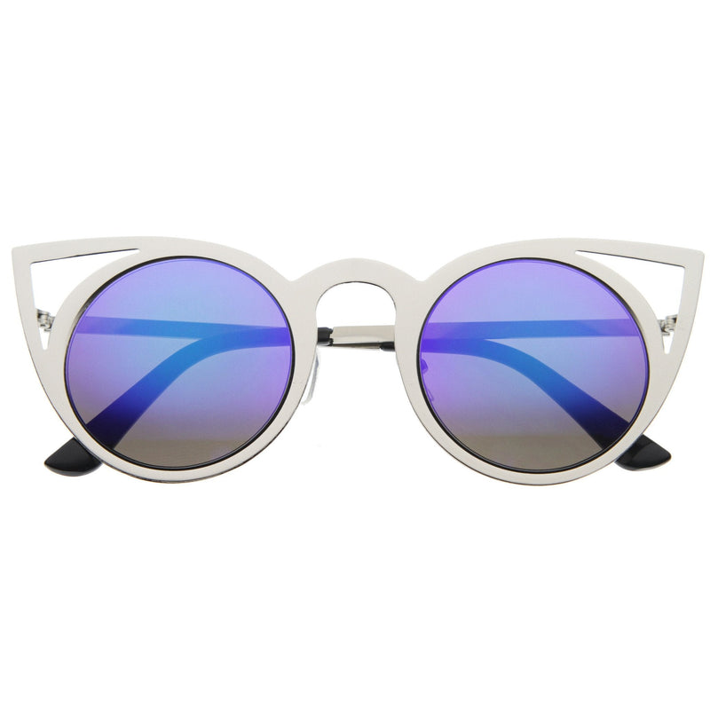 zeroUV Women's Laser Cut Round Metal Mirror Lens Sunglasses A102 Sunglasses White Smoke Silver Blue Green Mirror