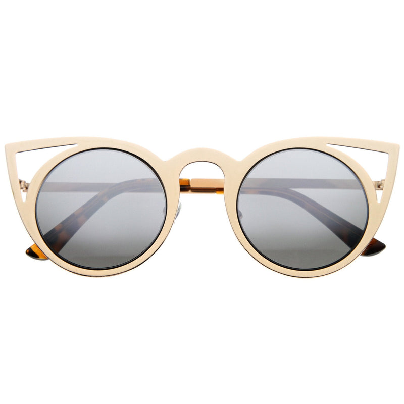 zeroUV Women's Laser Cut Round Metal Mirror Lens Sunglasses A102 Sunglasses White Smoke Gold Silver Mirror