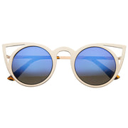zeroUV Women's Laser Cut Round Metal Mirror Lens Sunglasses A102 Sunglasses White Smoke Gold Blue Mirror