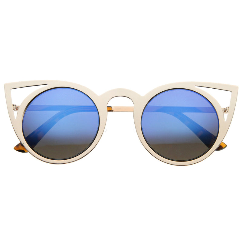 zeroUV Women's Laser Cut Round Metal Mirror Lens Sunglasses A102 Sunglasses White Smoke Gold Blue Mirror