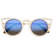 zeroUV Women's Laser Cut Round Metal Mirror Lens Sunglasses A102 Sunglasses White Smoke Black Blue Mirror,Black Yellow Mirror,Gold Pink Green Mirror,Silver Blue Green Mirror,Gold Silver Mirror,Gold Blue Mirror,Gold Brown Mirror,White Pink Green Mirror,Silver Silver Mirror,Black Silver Mirror