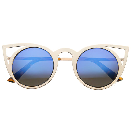 zeroUV Women's Laser Cut Round Metal Mirror Lens Sunglasses A102 Sunglasses White Smoke Black Blue Mirror,Black Yellow Mirror,Gold Pink Green Mirror,Silver Blue Green Mirror,Gold Silver Mirror,Gold Blue Mirror,Gold Brown Mirror,White Pink Green Mirror,Silver Silver Mirror,Black Silver Mirror