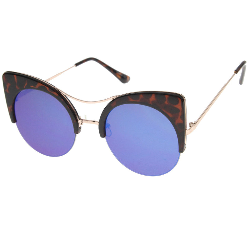 zeroUV Oversize Flat Lens Round Cat Eye Mirror Lens Sunglasses A175 Sunglasses White Smoke Tortoise Gold Ice,Black Silver Sun,Black Gold Midnight,White Gold Ice,Tortoise Gold Pink