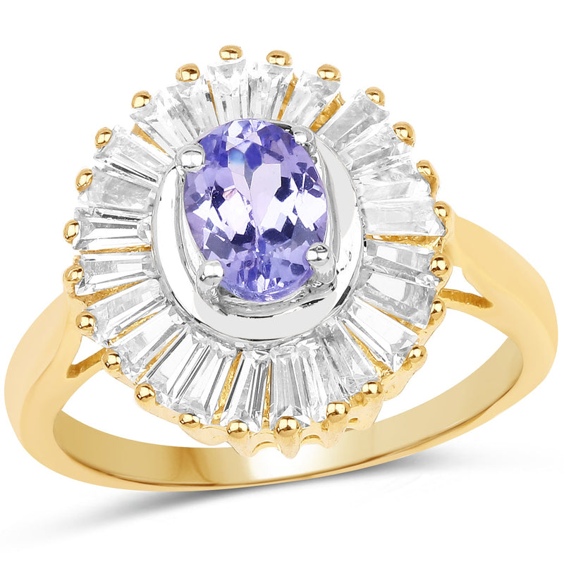Bids.com 14K Yellow Gold Plated 2.16 Carat Genuine Tanzanite & White Topaz .925 Sterling Silver Ring Rings White Smoke size 6.00,size 7.00,size 8.00,size 9.00,size 5.00