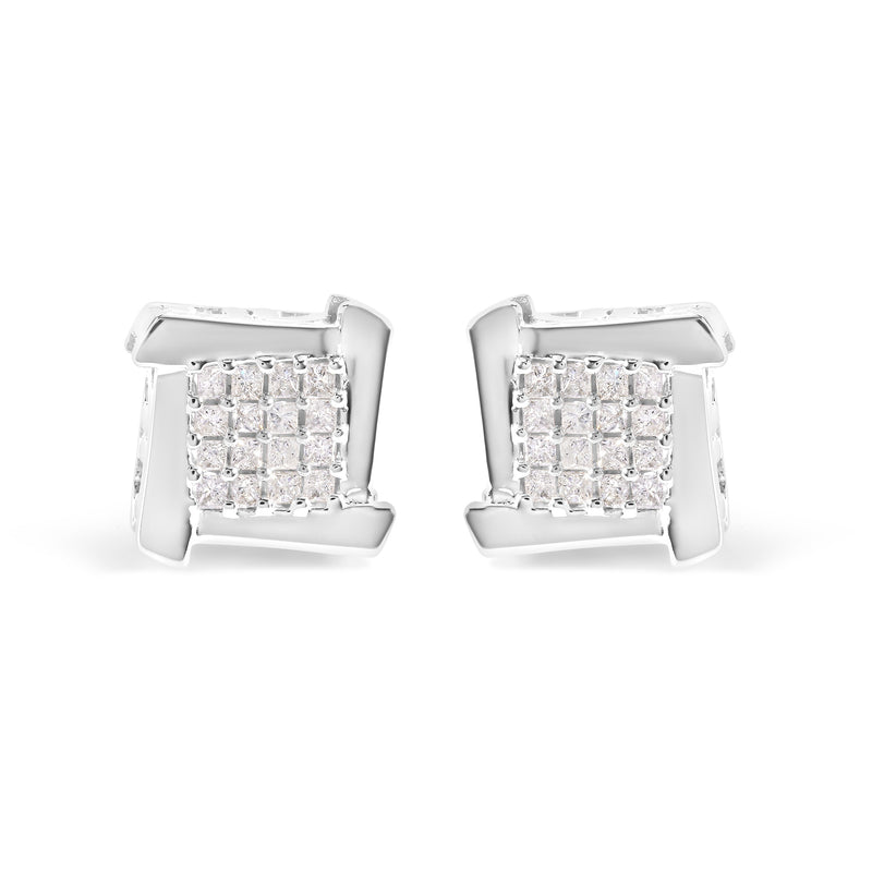 Bids.com 10K White Gold 1/2 Cttw Composite  Princess Diamond Square and Swirl Stud Earrings (I-J Color, I1-I2 Clarity) Earrings Light Gray White.Gold / 0.5