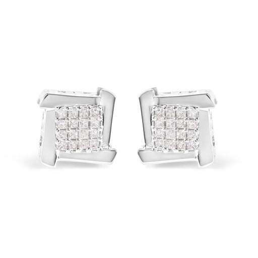 Bids.com 10K White Gold 1/2 Cttw Composite  Princess Diamond Square and Swirl Stud Earrings (I-J Color, I1-I2 Clarity) Earrings Light Gray White.Gold / 0.5