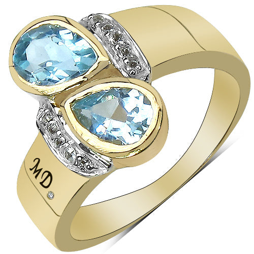 Bids.com 14K Yellow Gold Plated 1.86 Carat Genuine Blue Topaz, White Topaz & White Diamond .925 Sterling Silver Ring Rings White Smoke size 8.00,size 6.00,size 7.00,size 9.00