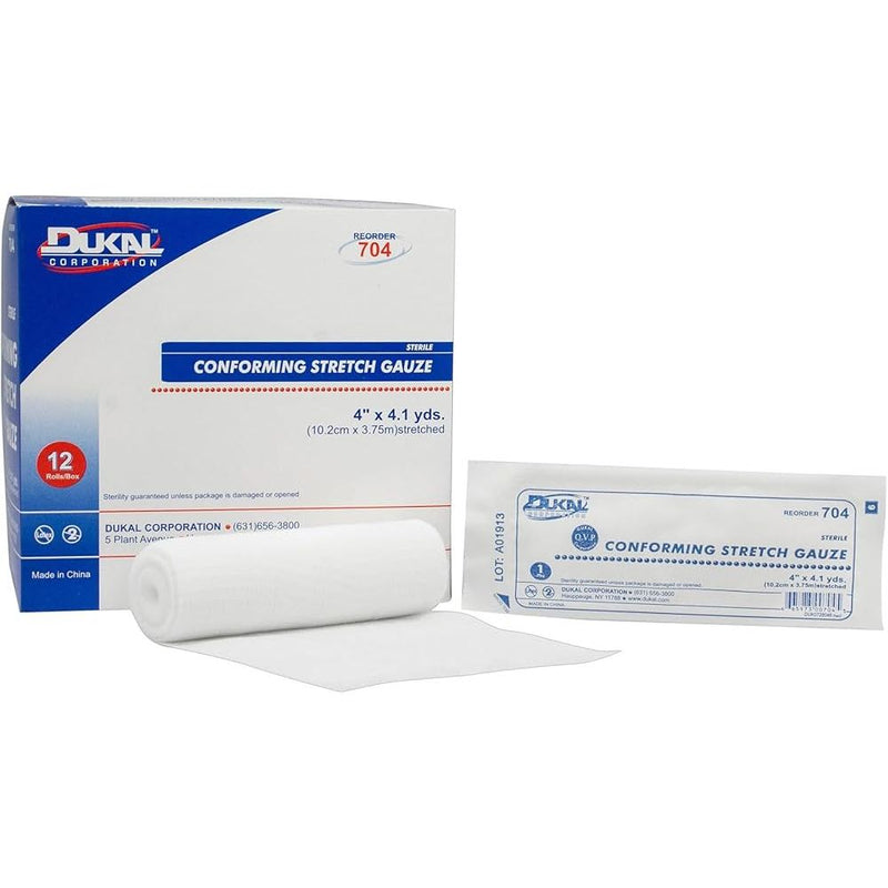 Dukal DUKAL Sterile Conforming Stretch Gauze Bandage Roll, 4 in x 4.1 yds (12 Count Box) Medical Tape & Bandages White Smoke
