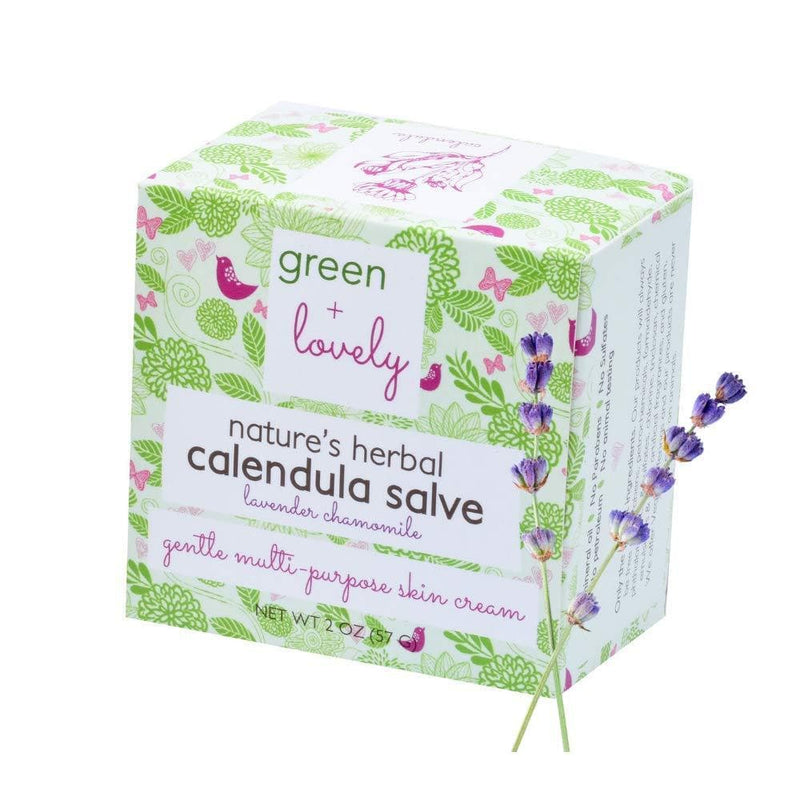 Green + Lovely Nature's Herbal Calendula Salve, Lavender Chamomile - Eczema Cream - Multi-use Skin Cream, 2 oz Nature's Herbal Calendula Salve. Healing Ointment. Light Gray Lavender Chamomile