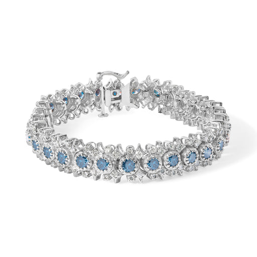Bids.com 14K White Gold 10.0 Cttw Blue and White Diamond Vintage-Inspired Floral Cluster Link 7" Bracelet (H-I Color, SI2-I1 Bracelets White Smoke White.Gold / 7