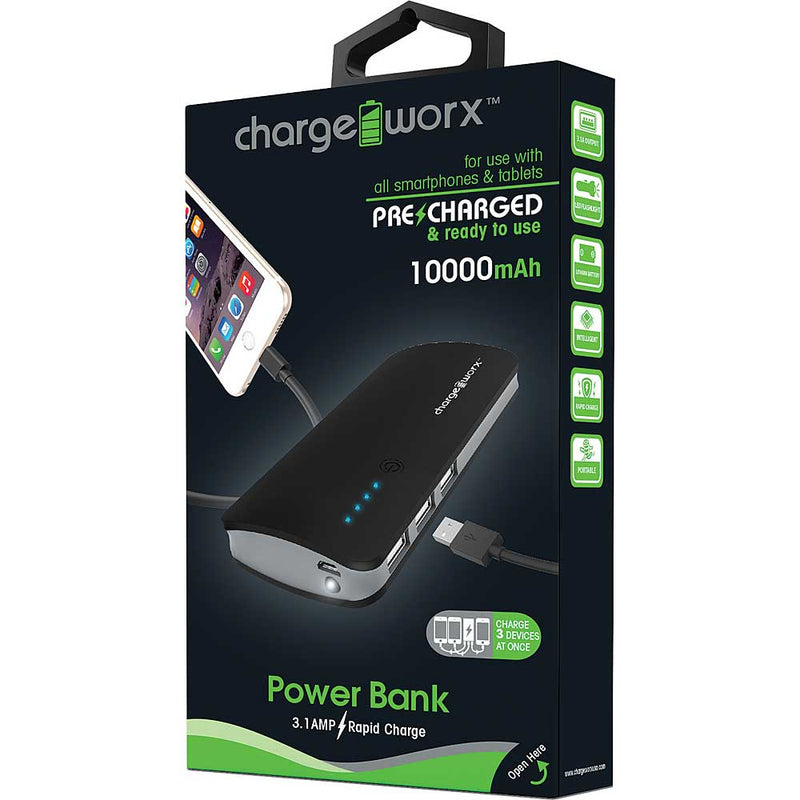 ChargeWorx ChargeWorx® CX6740 10000mAh Portable Power Bank – Triple USB Batteries Black