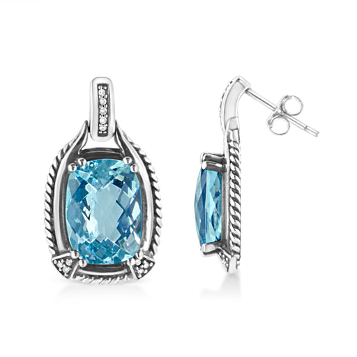 Bids.com .925 Sterling Silver 14x10MM Cushion Cut Blue Topaz Gemstone and Diamond Accent Dangle Earring (I-J Color, I1-I2 Clarity) Earrings White Smoke White.Sterling Silver / 0.098