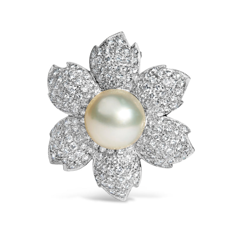 Bids.com 18K White Gold 2 3/4 Cttw Diamond and 12.5 MM Cultured Freshwater Pearl Floral Brooch Pin (G-H Color, VS1-VS2 Clarity) Accessories White Smoke White.Gold / 2.81