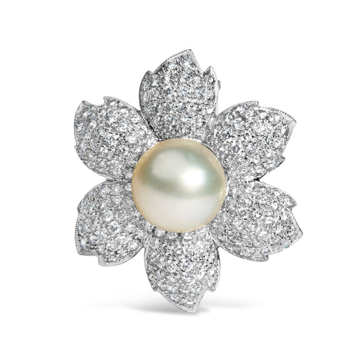 Bids.com 18K White Gold 2 3/4 Cttw Diamond and 12.5 MM Cultured Freshwater Pearl Floral Brooch Pin (G-H Color, VS1-VS2 Clarity) Accessories White Smoke White.Gold / 2.81