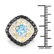Bids.com Two Tone Plated 2.85 Carat Genuine Swiss Blue Topaz and Black Spinel .925 Sterling Silver Ring Rings White Smoke size 7.00,size 8.00,size 9.00,size 6.00