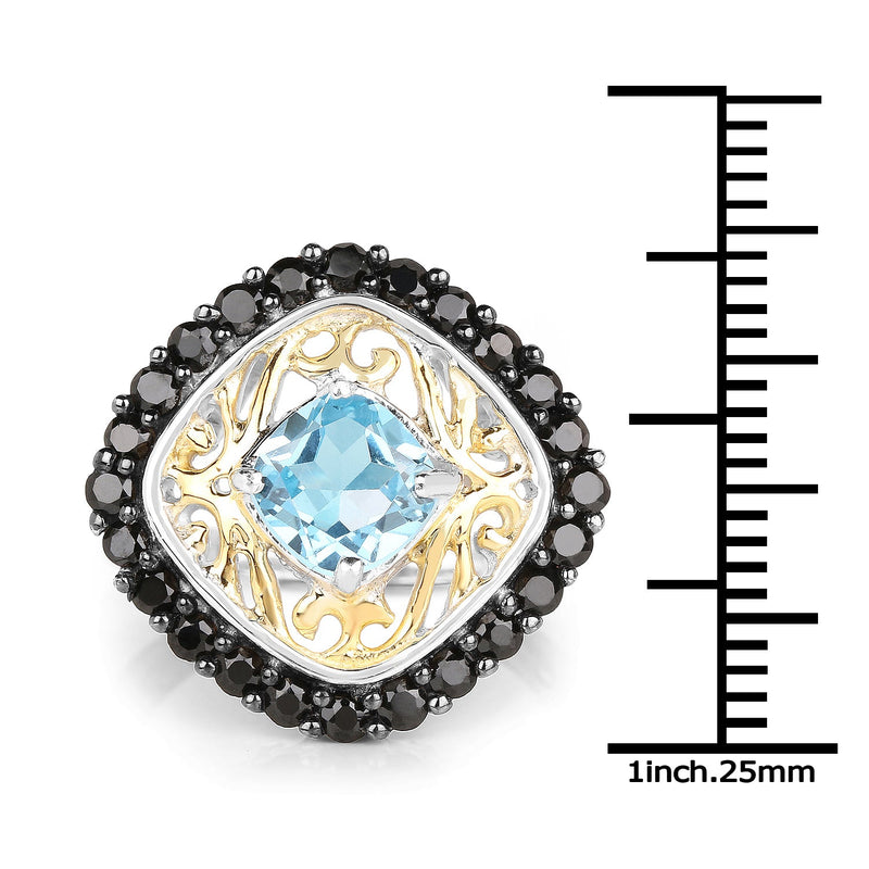 Bids.com Two Tone Plated 2.85 Carat Genuine Swiss Blue Topaz and Black Spinel .925 Sterling Silver Ring Rings White Smoke size 7.00,size 8.00,size 9.00,size 6.00