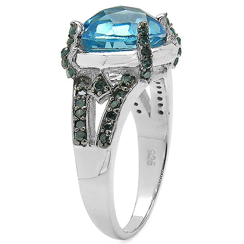 Bids.com 5.43 Carat Genuine Swiss Blue Topaz & Blue Diamond .925 Sterling Silver Ring Rings White Smoke size 7.00,size 6.00,size 8.00,size 9.00