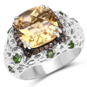 Bids.com 4.13 Carat Genuine Citrine, Chrome Diopside & Champagne Diamond .925 Sterling Silver Ring Rings White Smoke size 6.00,size 7.00,size 8.00,size 9.00,size 5.00,size 10.00