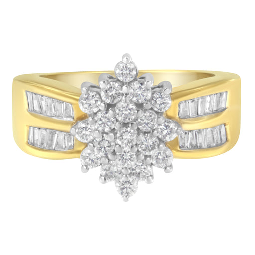 Bids.com 10K Yellow Gold 1.0 Cttw Round & Baguette Cut Diamond Floral Cluster Double-Channel Flared Band Statement Ring (H-I Color, SI2-I1 Clarity) - Size 6-1/2 Rings White Smoke 6 / Yellow.Gold,7 / Yellow.Gold,8 / Yellow.Gold,7.5 / Yellow.Gold,6.5 / Yellow.Gold