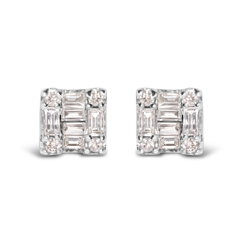 Bids.com 10K White Gold 1/7 Cttw Round and Baguette Diamond Mosaic Square Stud Earrings (H-I Color, I1-I2 Clarity) Earrings White Smoke White.Gold / 0.144
