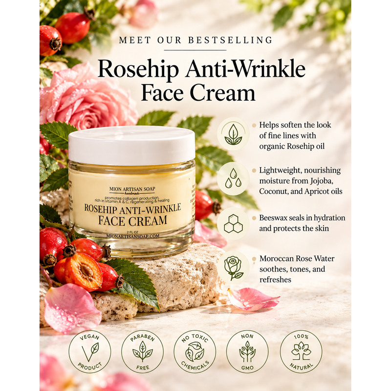 MION Artisan Soap Co. Rosehip Anti-Wrinkle Face Cream | Light Texture | Rich in Vitamins A & C face cream Antique White