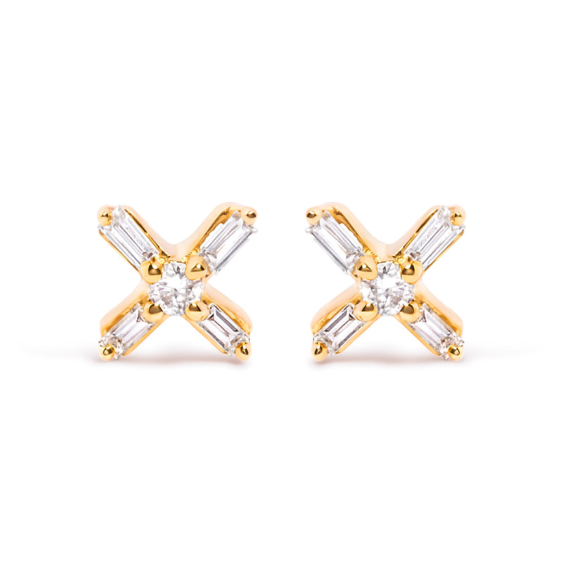 Bids.com 10K Yellow Gold 1/10 Cttw Round and Baguette Diamond Criss Cross X Stud Earring (H-I Color, I1-I2 Clarity) Earrings White Smoke Yellow.Gold / 0.096