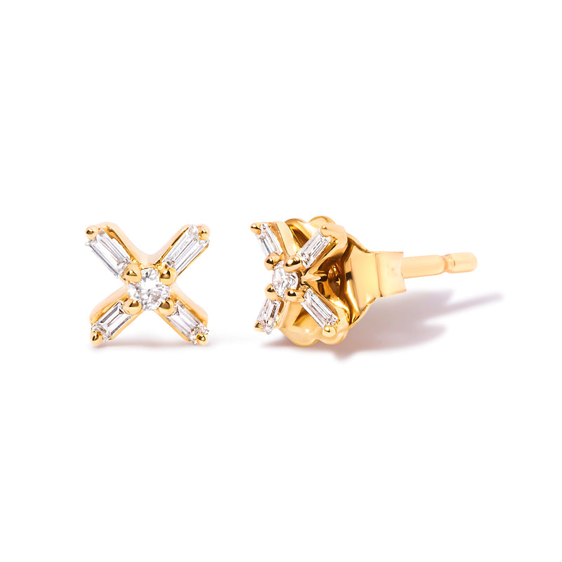 Bids.com 10K Yellow Gold 1/10 Cttw Round and Baguette Diamond Criss Cross X Stud Earring (H-I Color, I1-I2 Clarity) Earrings White Smoke Yellow.Gold / 0.096
