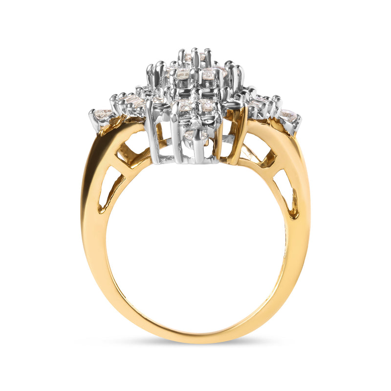 Bids.com 10K Yellow Gold 1 Cttw Round and Baguette cut Diamond Cluster and Rhombus Halo Ring (H-I Color, I1-I2 Clarity) - Ring Size 7 Rings White Smoke 7 / Yellow.Gold