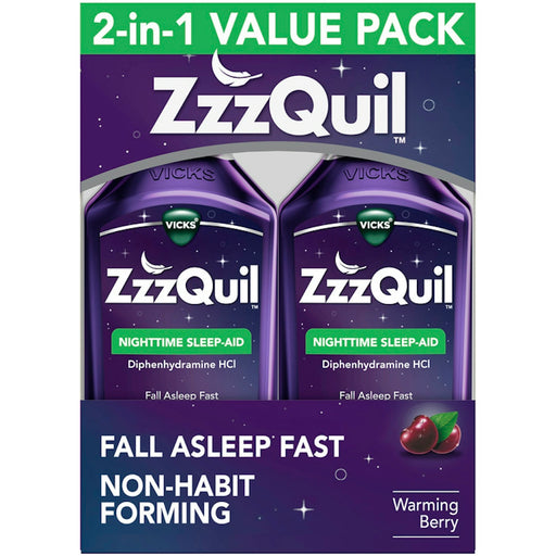 Vicks ZzzQuil  ZzzQuil Nighttime  Warming Berry  Sleep- Aid  2-12 Fl Oz Bottles Health & Beauty Midnight Blue