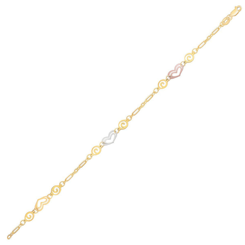 Bids.com 14k Tri-Color Gold Anklet with Multi Color Heart Stations Accessories White Smoke 10 / Tri-Color Gold
