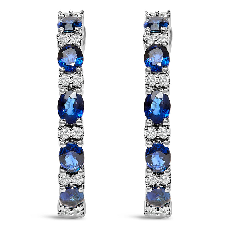 Bids.com 14K White Gold 4x3mm Oval Blue Sapphire and 1/4 Cttw Diamond Alternating Hoop Earring (I-J Color, SI2-I1 Clarity) Earrings White Smoke White.Gold / 0.252