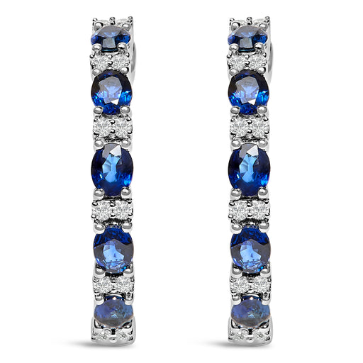 Bids.com 14K White Gold 4x3mm Oval Blue Sapphire and 1/4 Cttw Diamond Alternating Hoop Earring (I-J Color, SI2-I1 Clarity) Earrings White Smoke White.Gold / 0.252