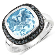 Bids.com 5.23 Carat Genuine Swiss Blue Topaz and Black Diamond .925 Sterling Silver Ring Rings White Smoke size 6.00,size 7.00,size 8.00,size 9.00,size 5.00