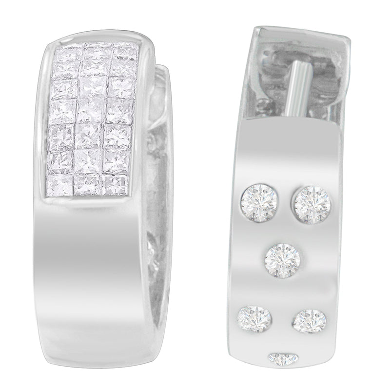 Bids.com 14K White Gold 1 1/8 cttw Princess and Round Cut Diamond Huggie Earrings (H-I, VS1-VS2) Earrings Light Gray White.Gold / 1.13