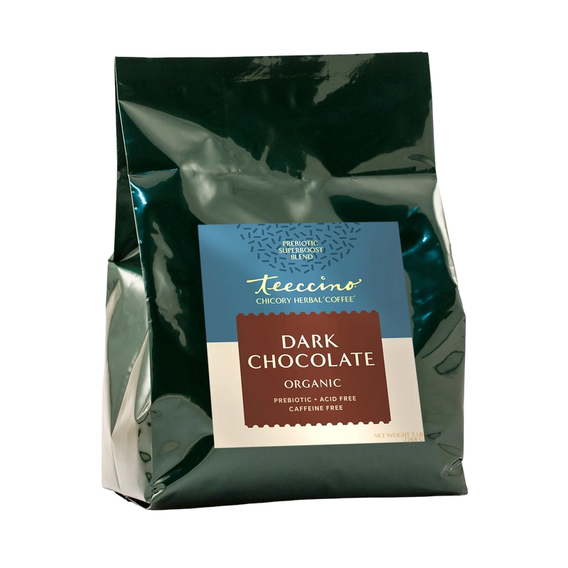 Teeccino Dark Chocolate Prebiotic SuperBoost Herbal Coffee Herbal Coffee Black 10 ounce ground,5lb ground,Trial Size