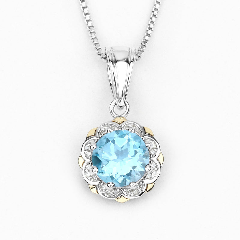 Bids.com 2.32 Carat Genuine Swiss Blue Topaz and White Diamond 14K Yellow Gold with .925 Sterling Silver Pendant Pendants White Smoke