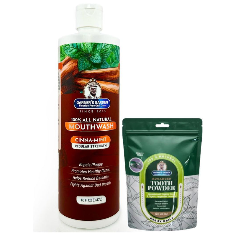 Garner's Garden Natural Mouthwash and Tooth Powder | H2O2 | Antibacterial Fluoride-Free Mouthwash White Smoke 16 oz Regular Cinnamint Mouthwash / 2oz Organic Tooth Powder