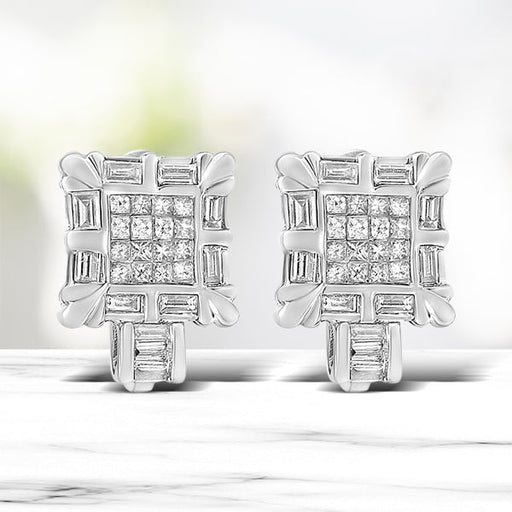 Bids.com 14K White Gold 1.0 Cttw Princess and Baguette-Cut Diamond Square Framed Huggie Hoop Omega Earrings (H-I Color, SI1-SI2 Clarity) Earrings White Smoke White.Gold / 0.94