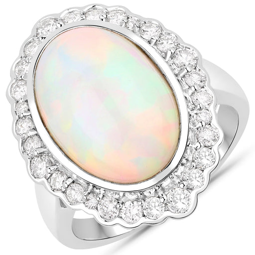 Bids.com 6.38 Carat Genuine Ethiopian Opal and White Diamond 14K White Gold Ring Rings White Smoke size 9.00,size 6.00,size 7.00,size 8.00,size 5.00