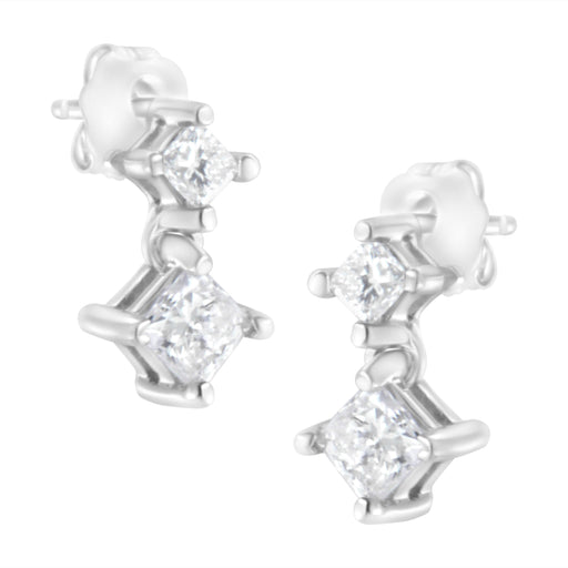Bids.com 14K White Gold 3/4 cttw Double Diamond Princess-Cut Stud Earrings (I-J Clarity, I2-I3 Color) Earrings White Smoke White.Gold / 0.75