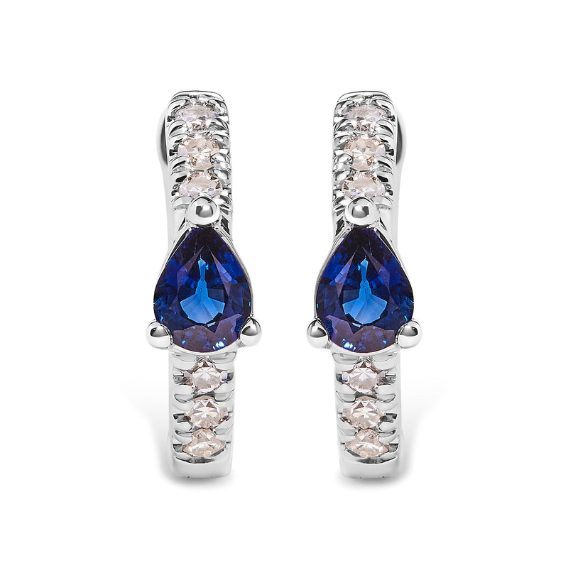 Bids.com 10K White Gold Pear Shaped Blue Sapphire and 1/10 Cttw Diamond Huggy Hoop Earrings (H-I Color, I1-I2 Clarity) Earrings White Smoke White.Gold / 0.108