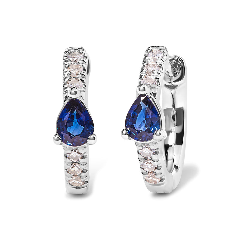 Bids.com 10K White Gold Pear Shaped Blue Sapphire and 1/10 Cttw Diamond Huggy Hoop Earrings (H-I Color, I1-I2 Clarity) Earrings White Smoke White.Gold / 0.108