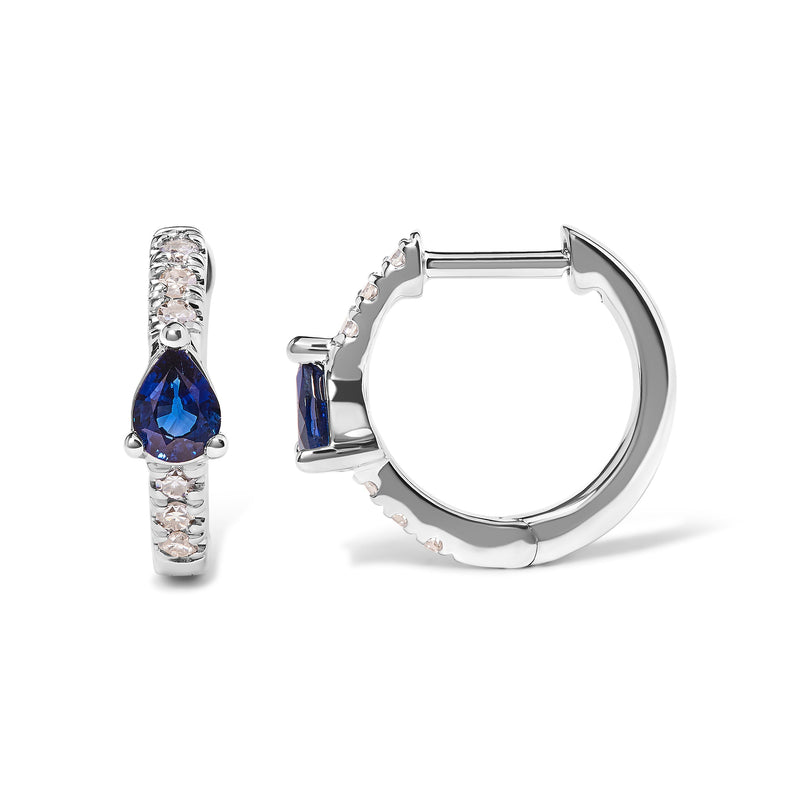 Bids.com 10K White Gold Pear Shaped Blue Sapphire and 1/10 Cttw Diamond Huggy Hoop Earrings (H-I Color, I1-I2 Clarity) Earrings White Smoke White.Gold / 0.108
