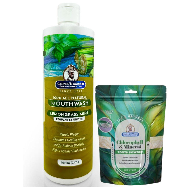 Garner's Garden Natural Mouthwash and Tooth Powder | H2O2 | Antibacterial Fluoride-Free Mouthwash White Smoke 16 oz Regular Lemongrassmint Mouthwash / 2oz Chlorophyll Tooth Powder