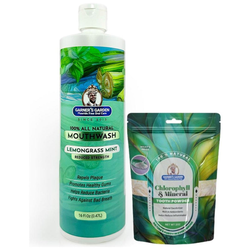 Garner's Garden Natural Mouthwash and Tooth Powder | H2O2 | Antibacterial Fluoride-Free Mouthwash White Smoke 16 oz Reduced Lemongrassmint Mouthwash / 2oz Chlorophyll Tooth Powder
