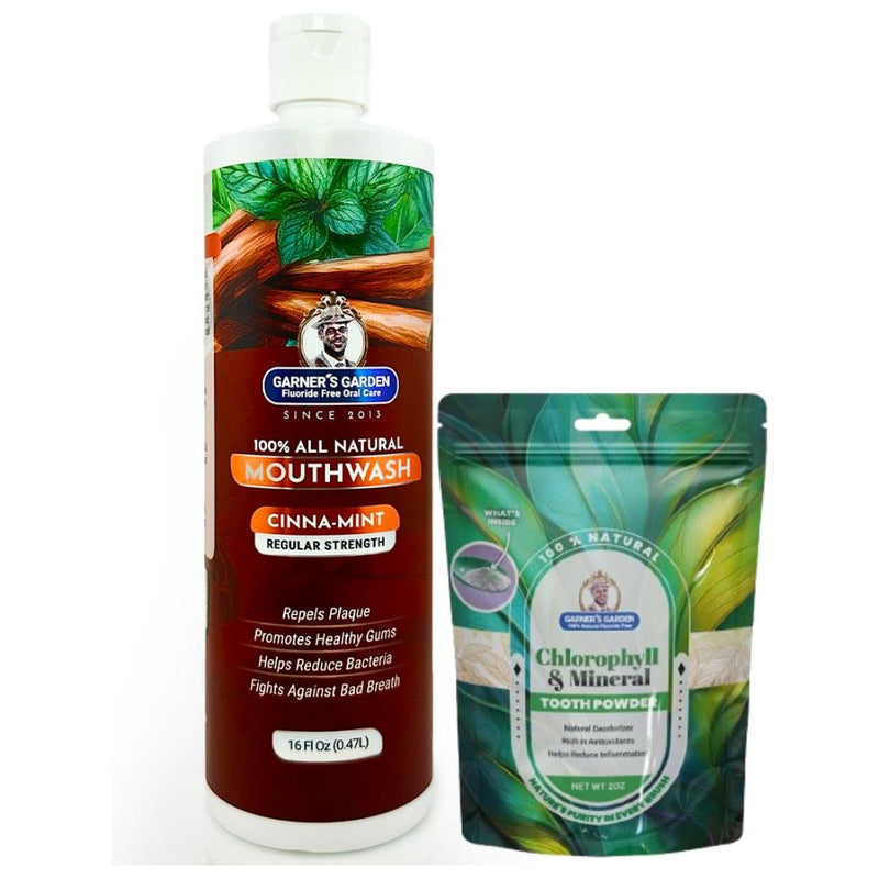 Garner's Garden Natural Mouthwash and Tooth Powder | H2O2 | Antibacterial Fluoride-Free Mouthwash White Smoke 16 oz Regular Cinnamint Mouthwash / 2oz Chlorophyll Tooth Powder