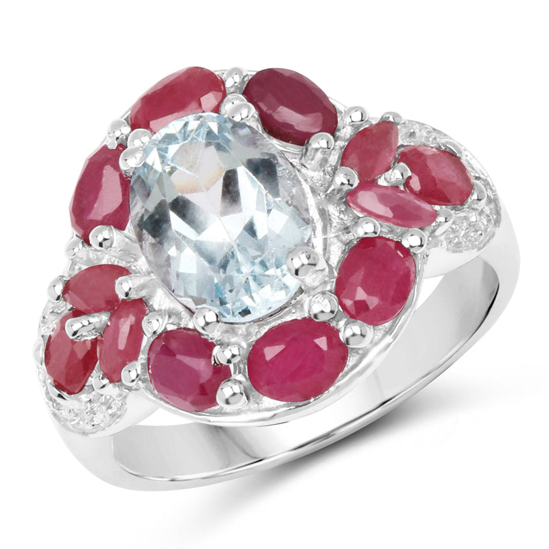 Bids.com 3.54 Carat Genuine Aquamarine, Ruby and White Topaz .925 Sterling Silver Ring Rings White Smoke size 6.00,size 7.00,size 8.00,size 9.00