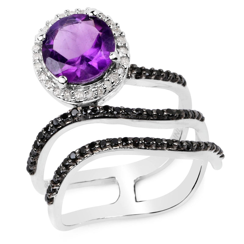 Bids.com 2.31 Carat Genuine Amethyst, Black Spinel and White Diamond .925 Sterling Silver Ring Rings White Smoke size 7.00,size 5.00,size 6.00,size 8.00,size 9.00