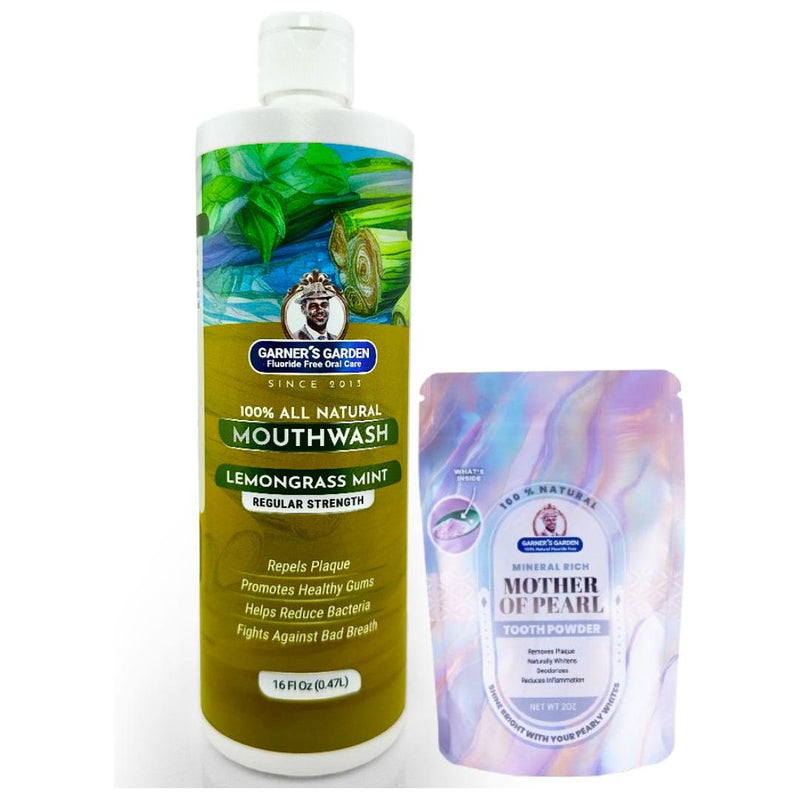 Garner's Garden Natural Mouthwash and Tooth Powder | H2O2 | Antibacterial Fluoride-Free Mouthwash White Smoke 16 oz Regular Lemongrassmint Mouthwash / 2oz Mother of Pearl Tooth Powder