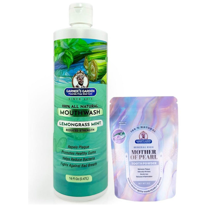 Garner's Garden Natural Mouthwash and Tooth Powder | H2O2 | Antibacterial Fluoride-Free Mouthwash White Smoke 16 oz Reduced Lemongrassmint Mouthwash / 2oz Mother of Pearl Tooth Powder